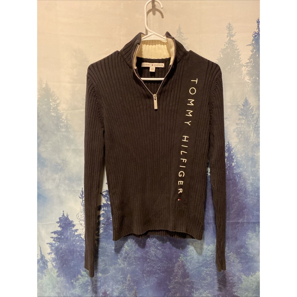 Vintage Tommy Hilfige Sweater Womens Large‎  Black VTG 1/4 Zip Tall Neck Y2K 04